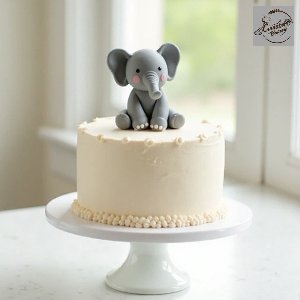 Fondant Baby Shower Cake with Adorable Elephant Topper
