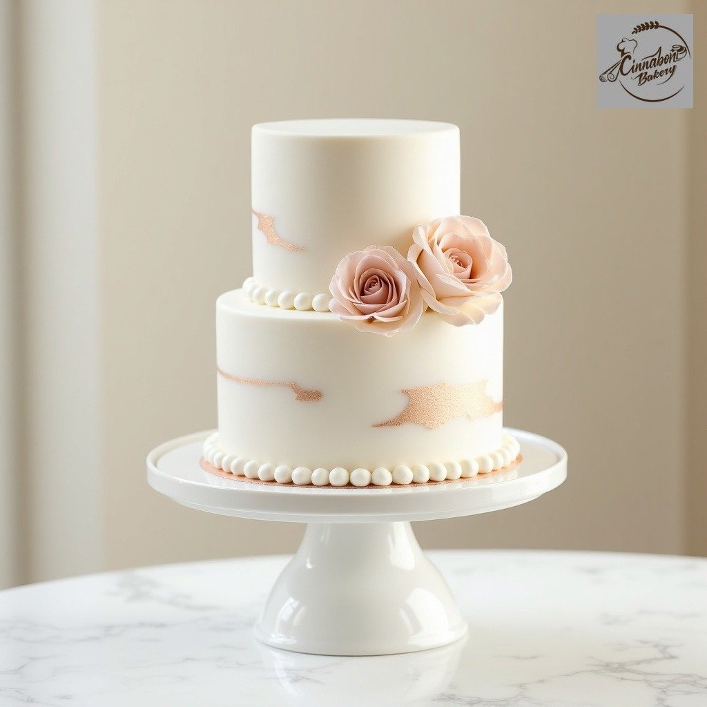 Minimal White Rose Gold Theme Wedding Cake