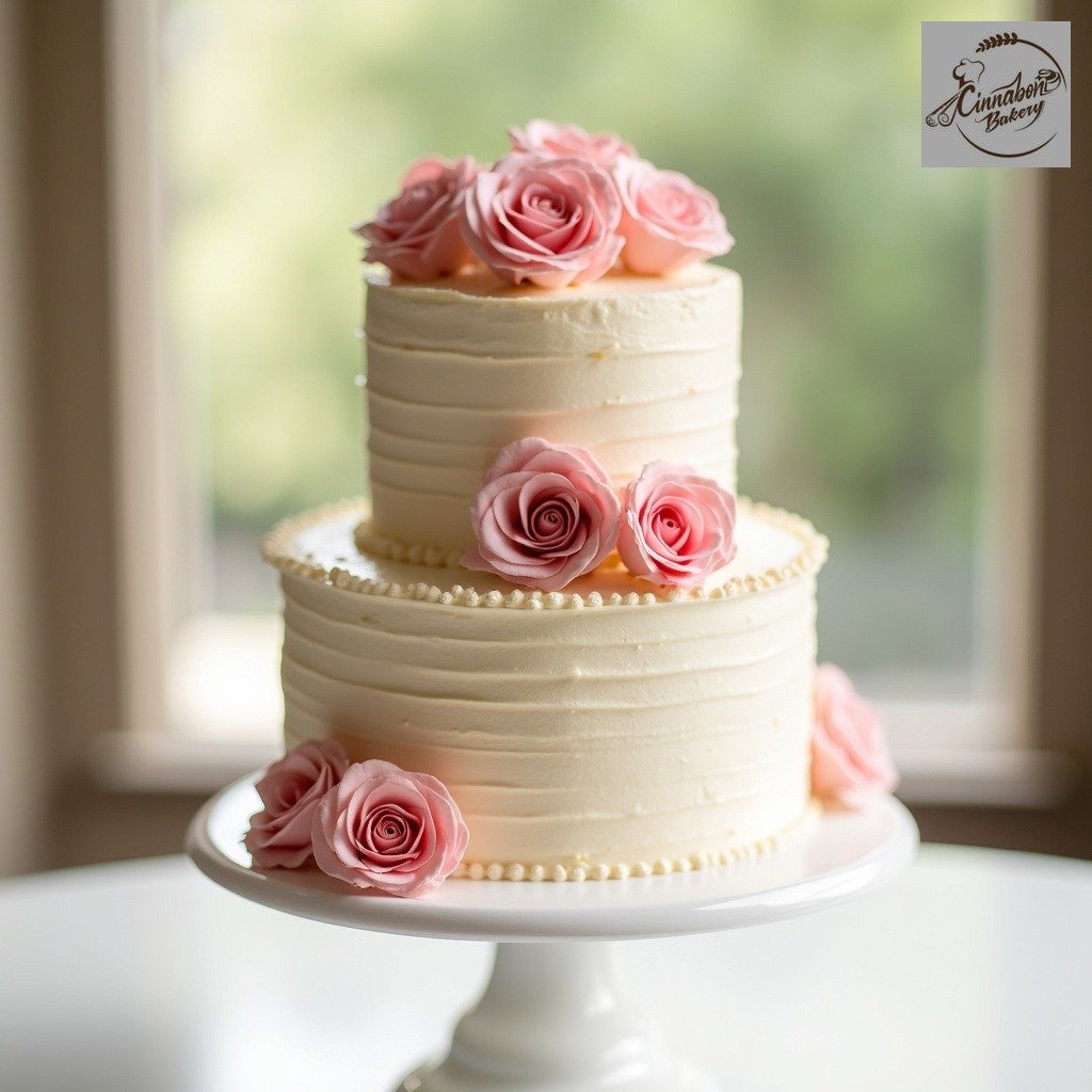 Two Tier Wedding Cake With Fresh Roses